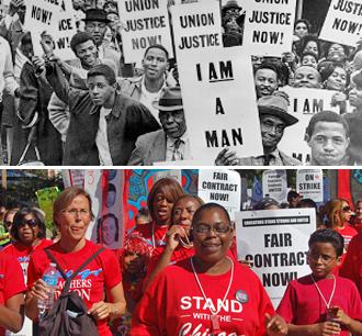 Above: Memphis sanitation workers strike in 1968; below: Chicago teachers strike in 2012