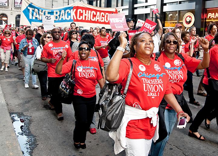 CTU members on the march in downtown Chicago