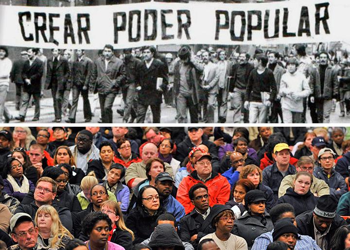 Above: Chilean workers demonstrate during the early 1970s rebellion; below: at a union meeting in the U.S.