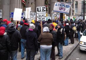 Hundreds of people rallied in support of Republic workers outside the Bank of America in downtown Chicago