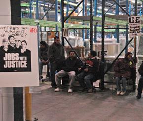 Workers inside the occupation of the Republic Windows &amp; Doors factory
