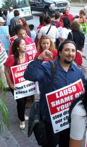 UTLA members picket an LAUSD Board meeting in May