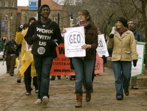 Striking members of the Graduate Employees Organization at the University of Illinois at Urbana-Champaign