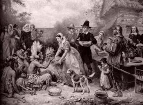 A drawing depicting the myth of the first Thanksgiving