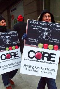 Members of the Caucus of Rank and File Educators at a protest against school closures