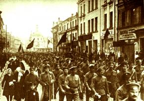 Soldiers on the march through Petrograd in a demonstration during the 1917 Russian Revolution