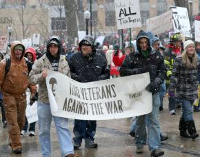 Members of Iraq Veterans Against War march in solidarity with Wisconsin workers