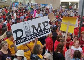 Philadelphia teachers gather for a protest against the cancelation of their contract