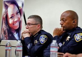 Oakland police hold a press conference about the death of Chyemil Pierce (pictured)