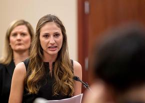 Survivor Kyle Stephens confronts her abuser Larry Nassar in a Michigan courtroom