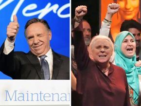 Left: François Legault of Coalition Avenir Québec; right: members of Québec Solidaire